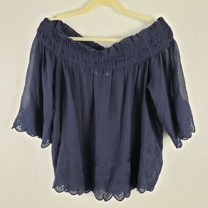 Trina Turk Women's Size M Off Shoulder Lace Bell Sleeve Blouse Dark Navy Blue
